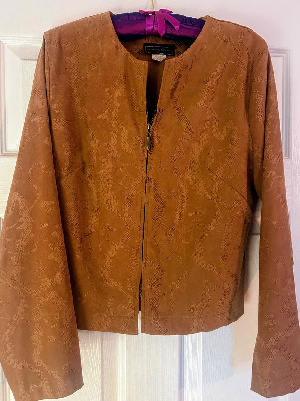 Vintage Embossed Faux Suede Zip-Front Lady Jacket in Cognac Size 10P